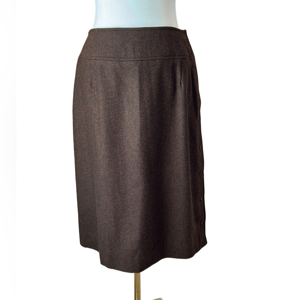 Vintage Yukiko Hanai Brown Wool Midi Skirt Side Button Fall Winter 12 modern 6-8